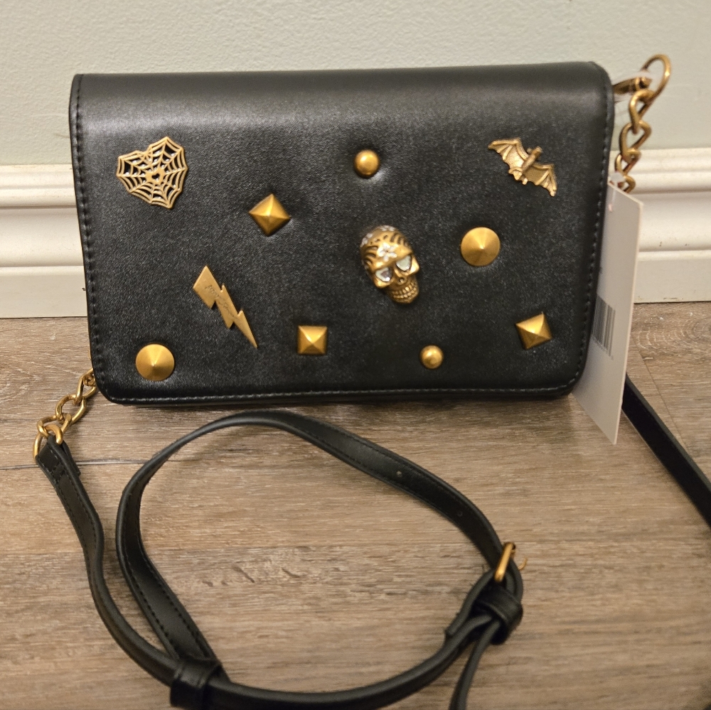 Betsey Johnson XOSYBIL Goth,Skull Studded Black/Gold Crossbody